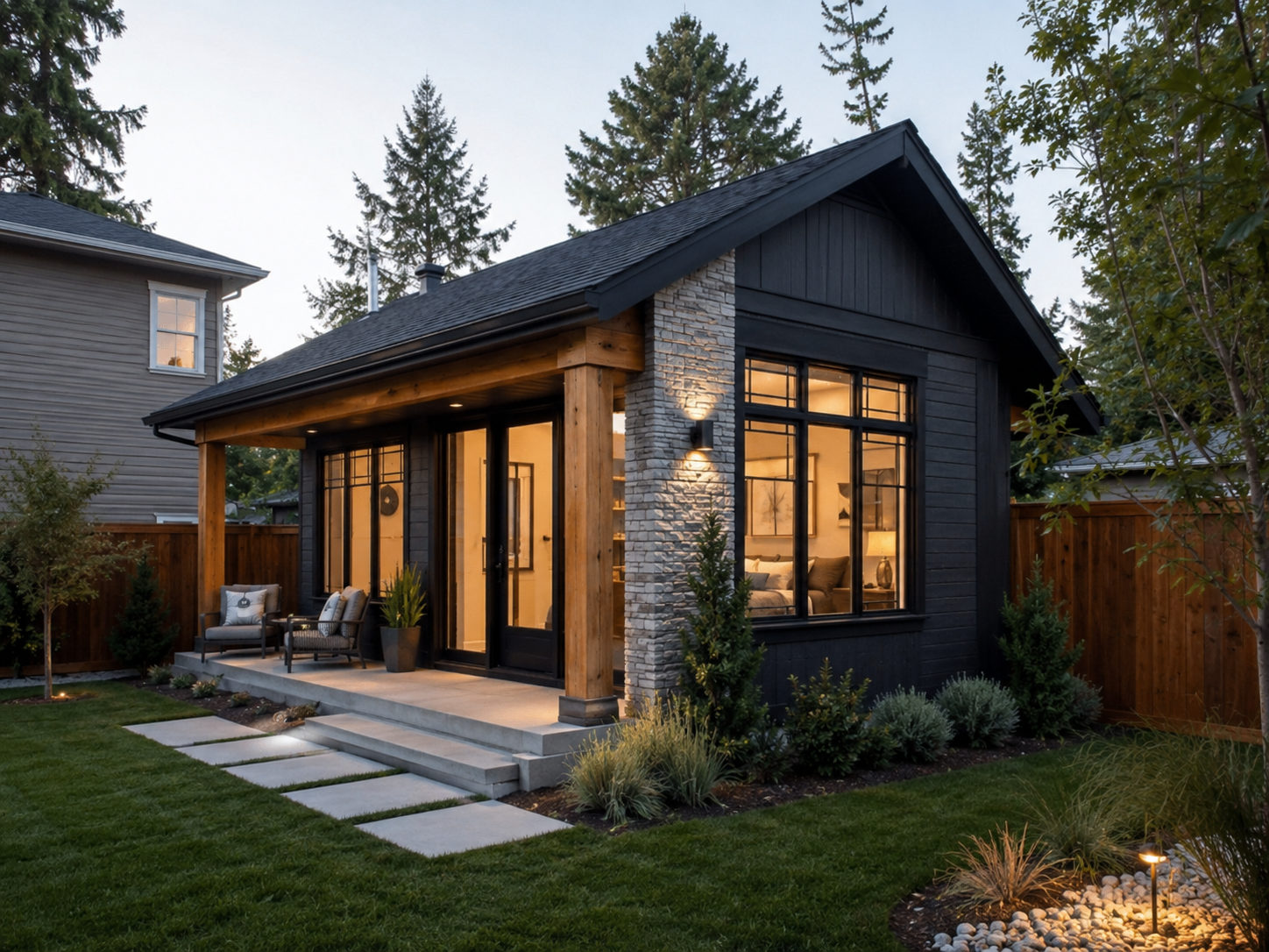 Accessory dwelling unit with black board and batten siding, stone accents, timber porch, and warm interior at dusk