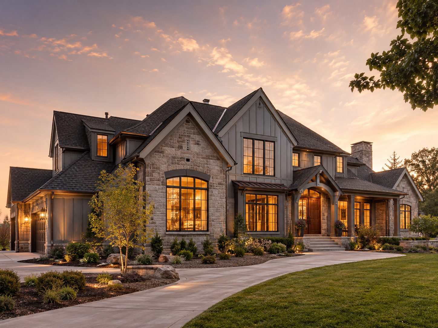 Custom home exterior with stone, board and batten siding, and large windows at dusk