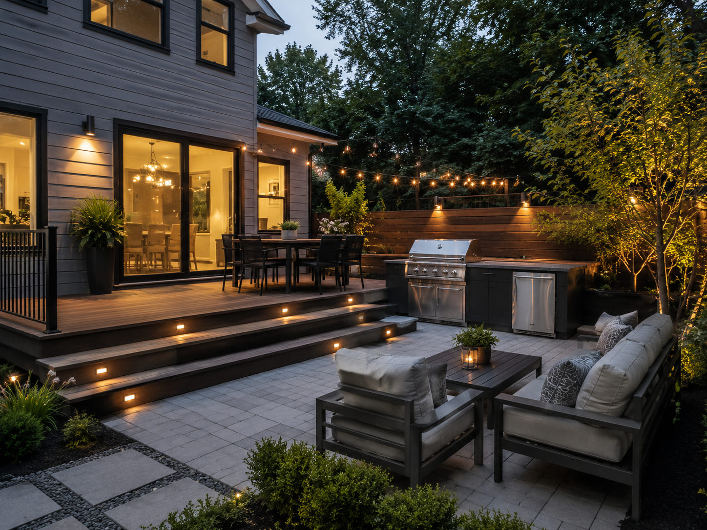 Multi-level deck and paver patio with outdoor kitchen, lounge seating, and string lights at dusk