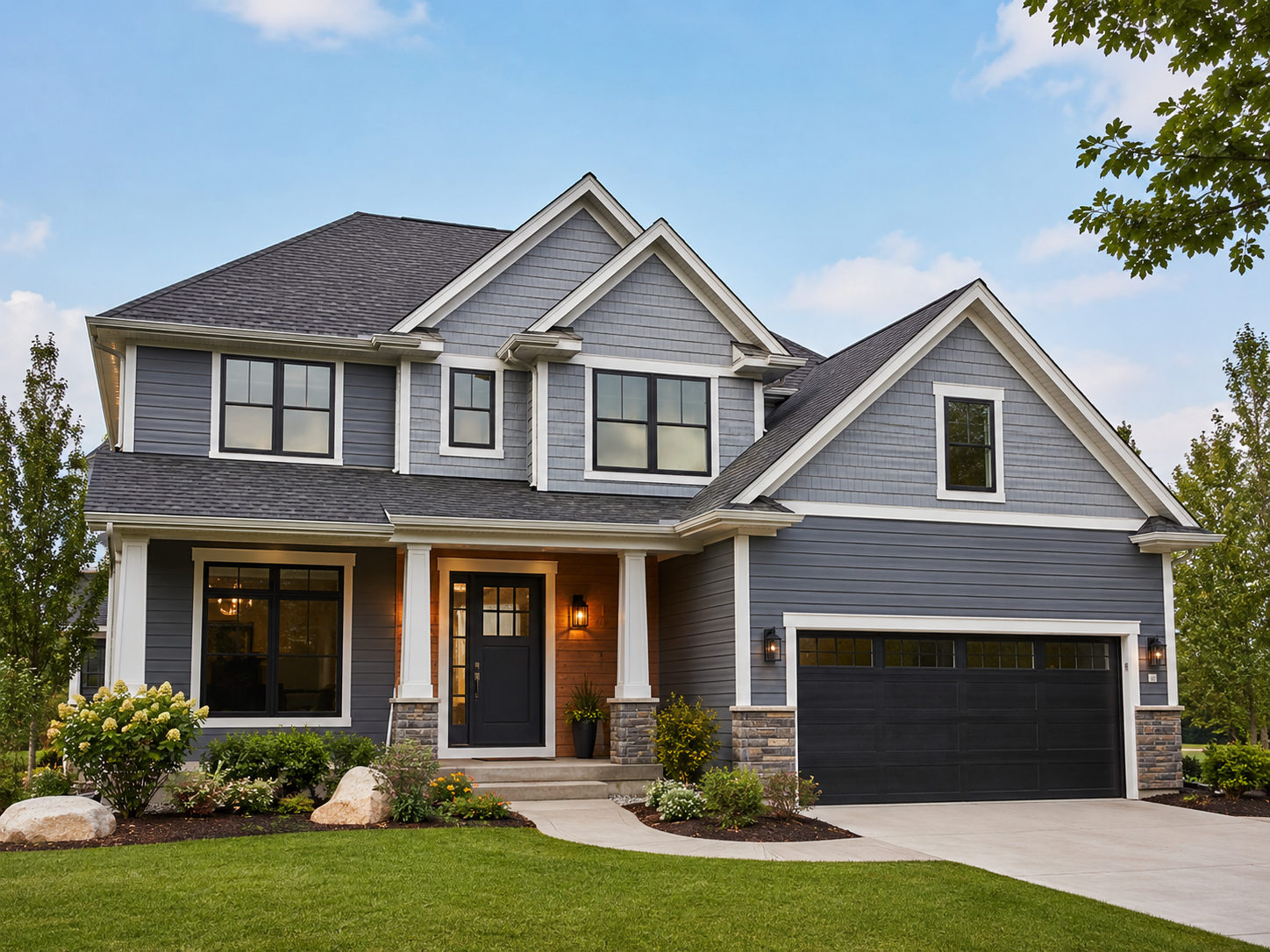 Two-story home with gray shake and lap siding, stone accents, and black windows