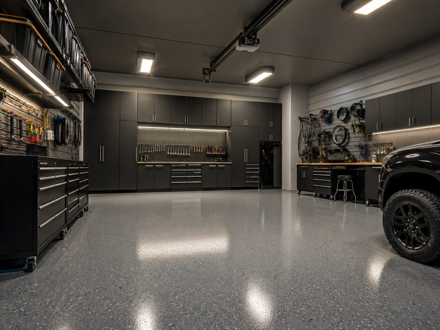 Finished garage with epoxy flake floor, full wall cabinetry, pegboard tool wall, and truck