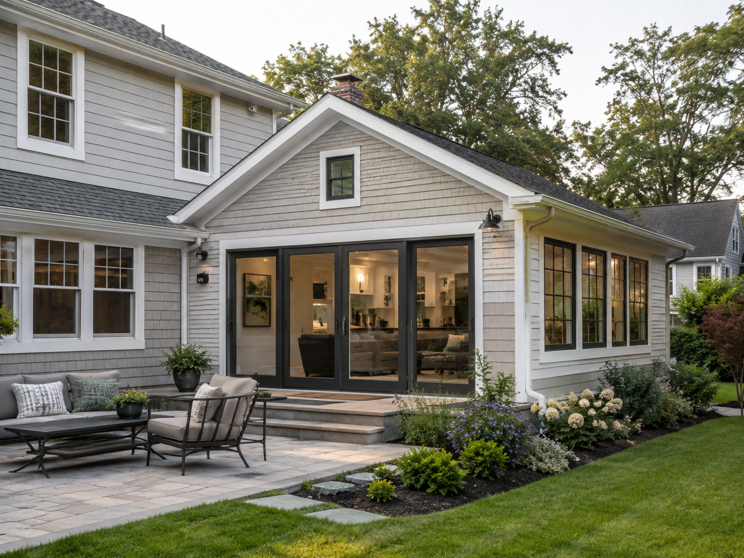 Home addition with sliding glass doors opening to patio and landscaped yard
