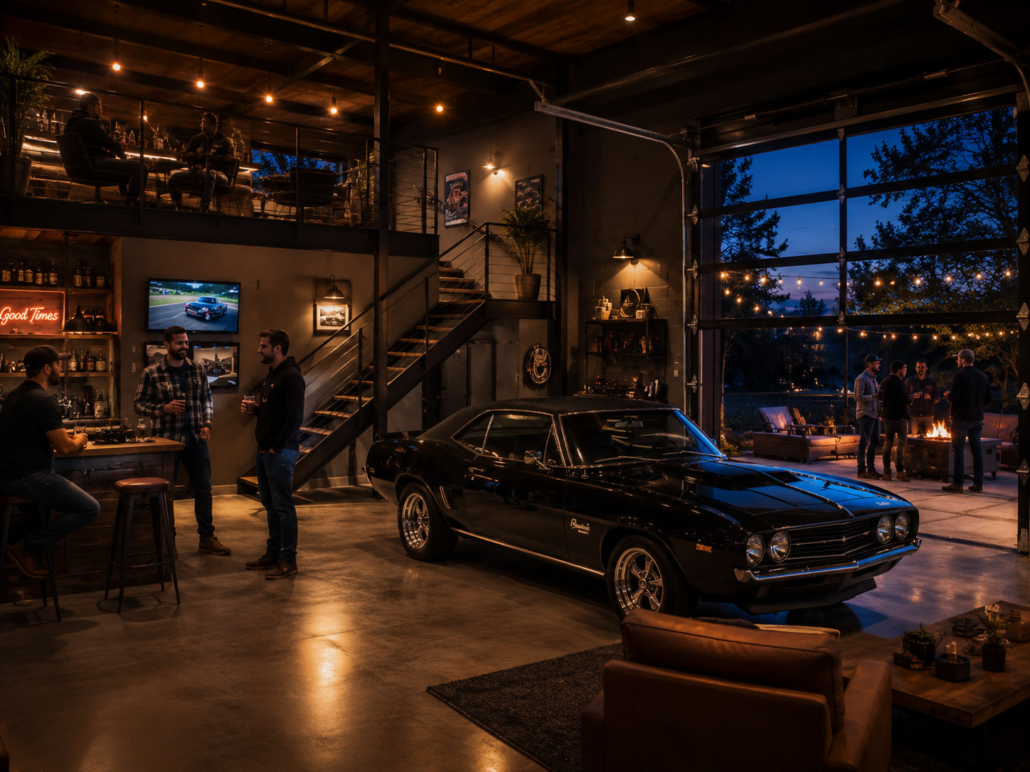 Garage man cave with classic muscle car, bar, loft, and outdoor fire pit at dusk — alternate view