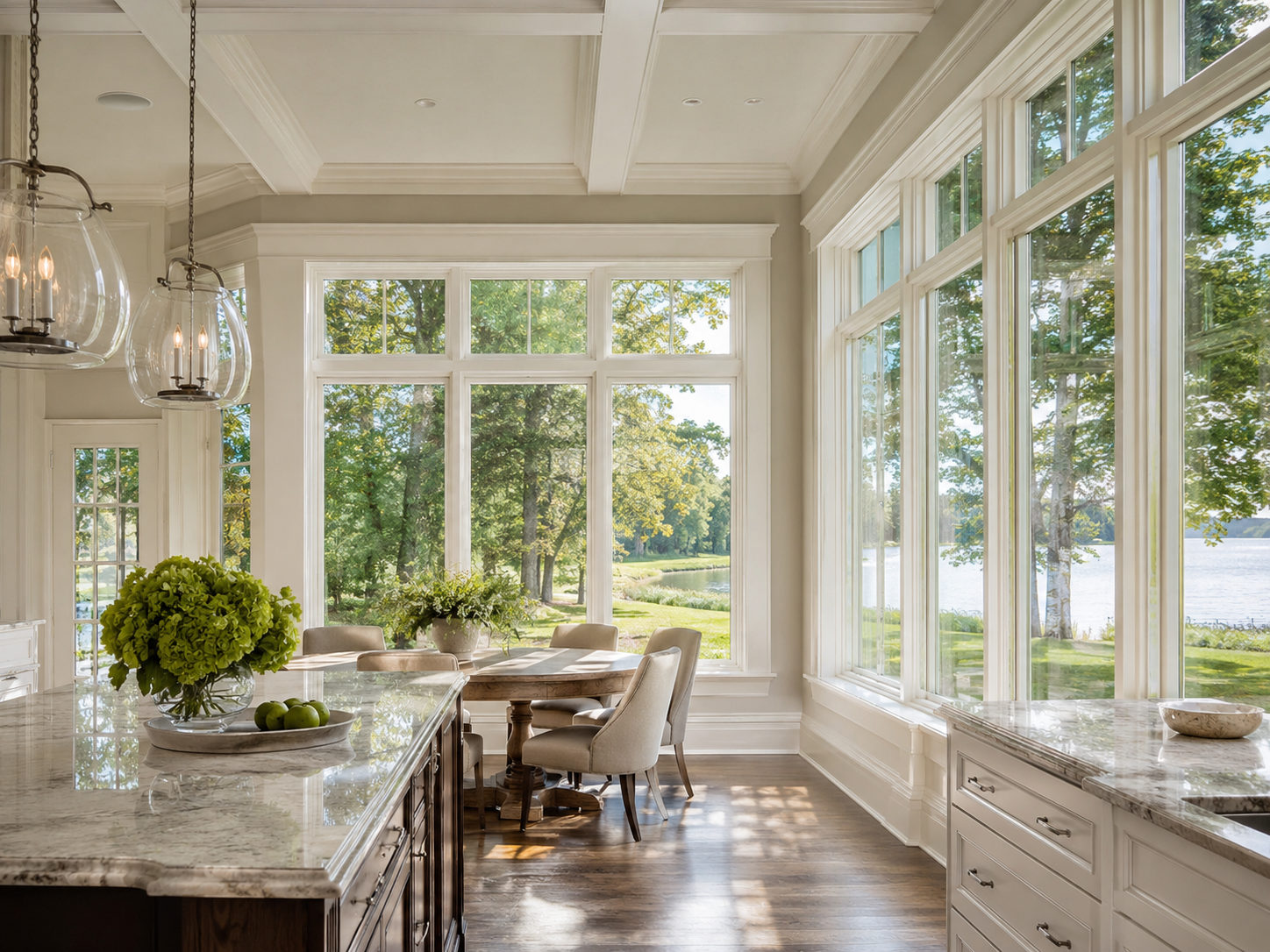 Kitchen and dining area with coffered ceiling and lake view