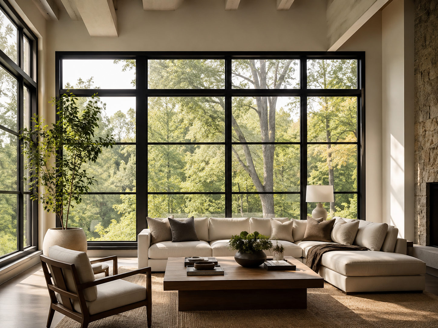 Living room with floor-to-ceiling black frame windows overlooking wooded view