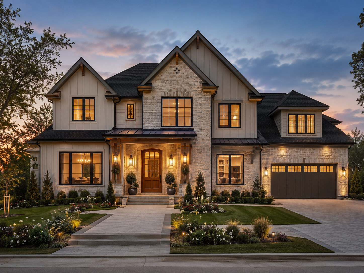 Luxury stone and board and batten farmhouse with timber entry at dusk
