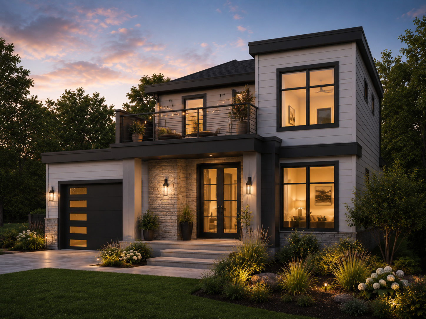 Modern contemporary home with balcony entry at dusk