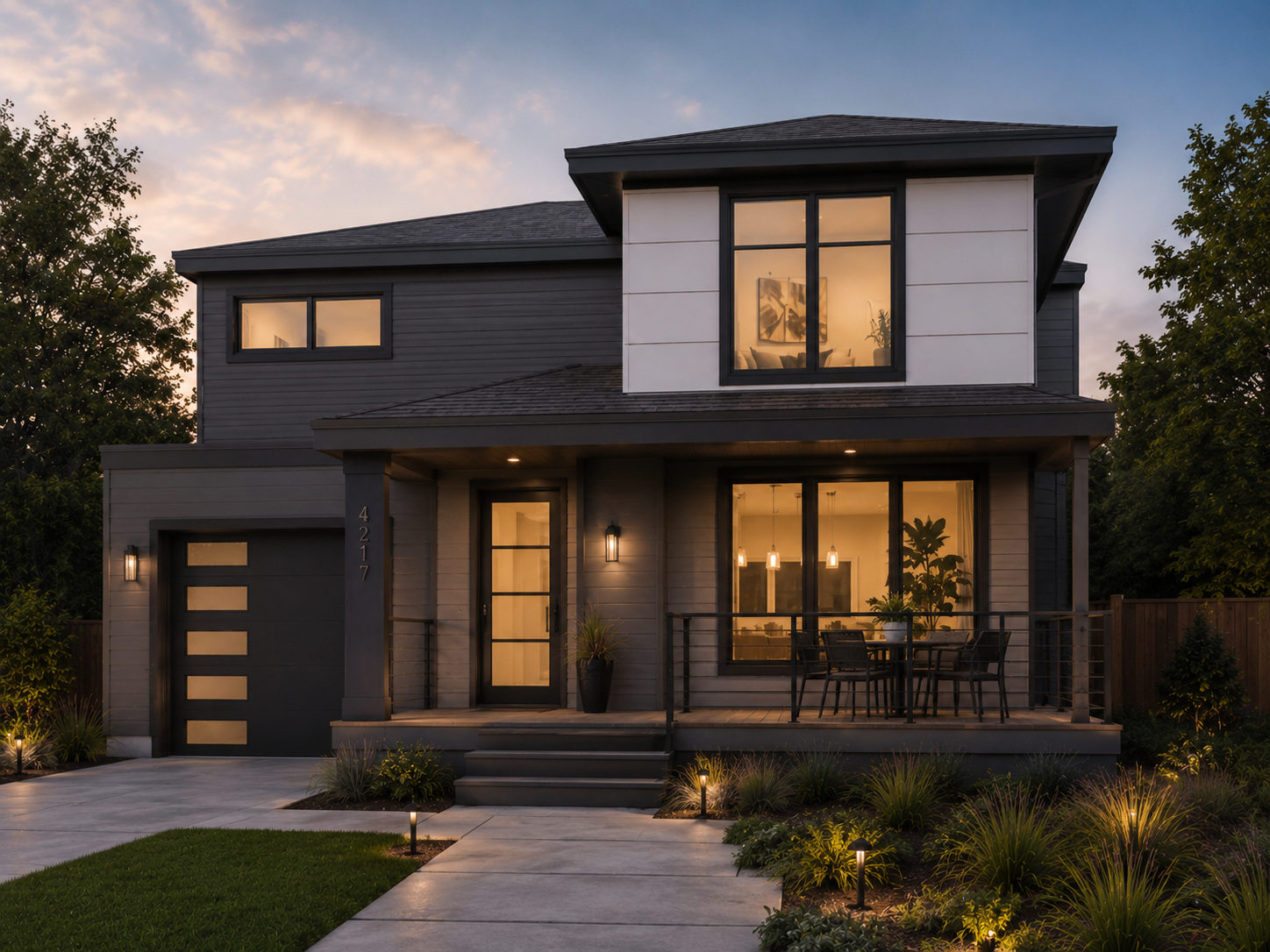 Modern contemporary two-story home at dusk with porch