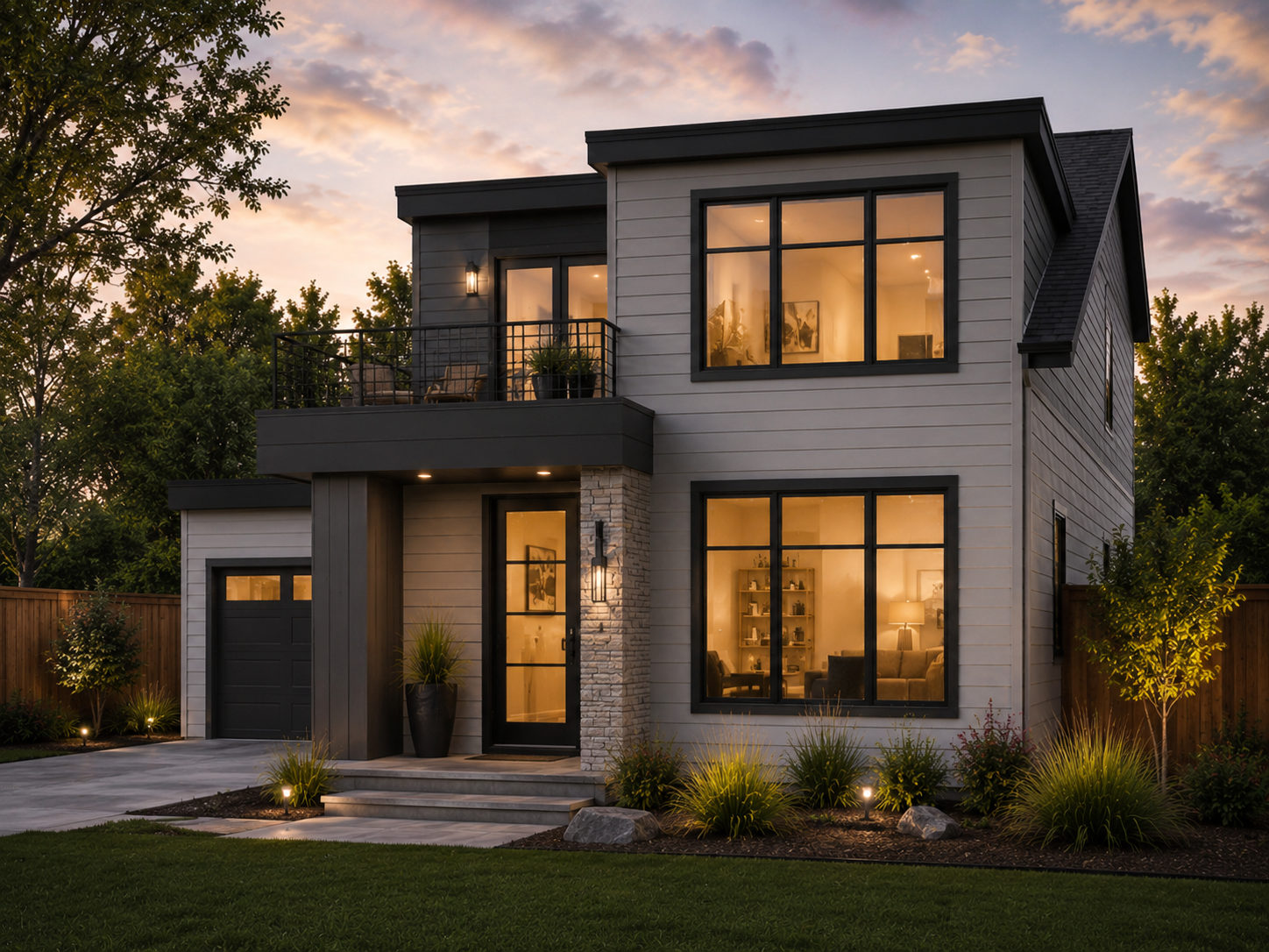 Modern contemporary home with white stone and balcony at dusk