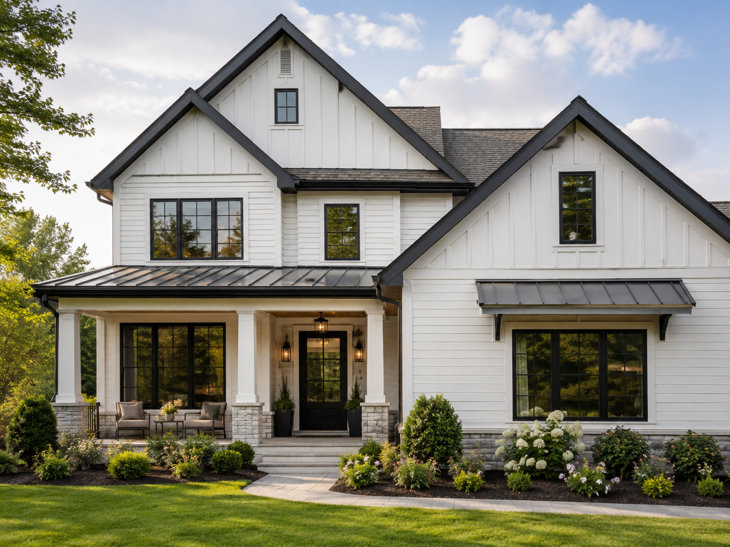 Two-story modern farmhouse with black windows