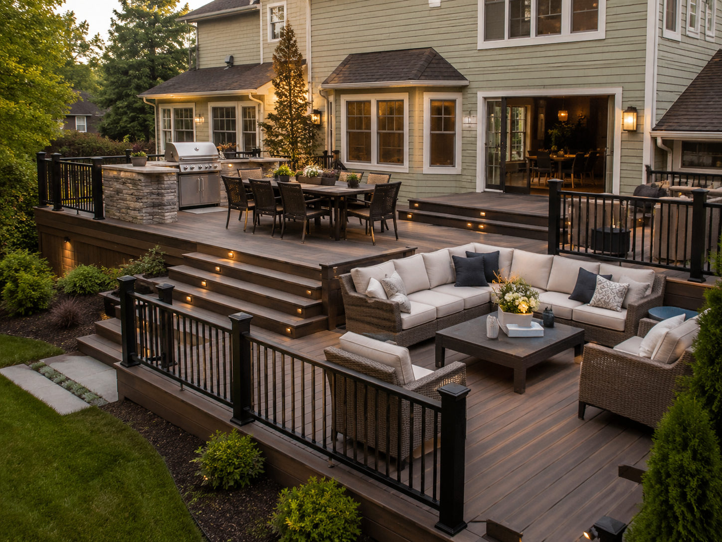Multi-level composite deck with outdoor kitchen, dining area, and step lighting at dusk