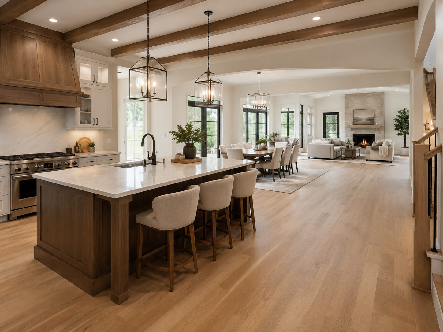 Open concept kitchen and dining room with wood beam ceiling and fireplace