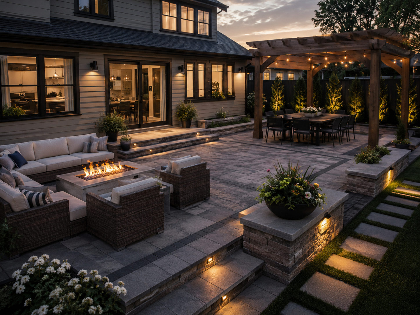 Paver patio with fire pit lounge, pergola dining area, and landscape lighting at dusk