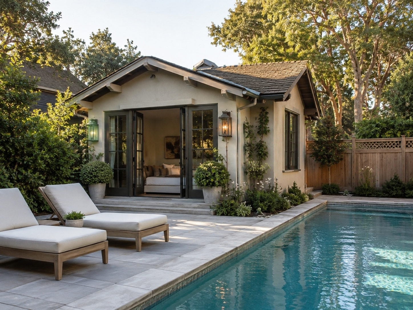 Pool house casita with stucco exterior, folding glass doors, and pool patio lounge