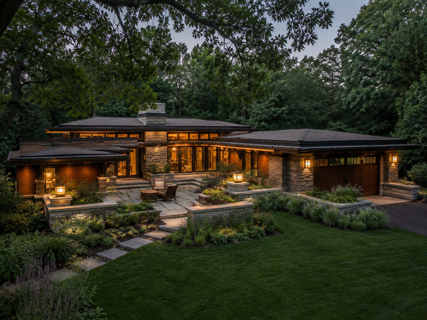 Prairie style custom home with stone at dusk