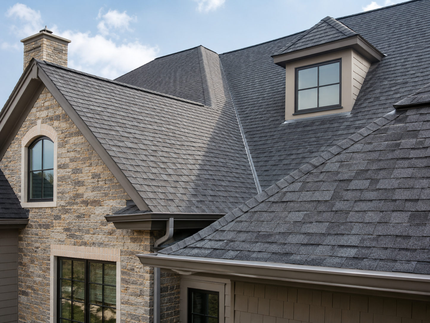 Architectural shingle roof detail with stone gable and dormer