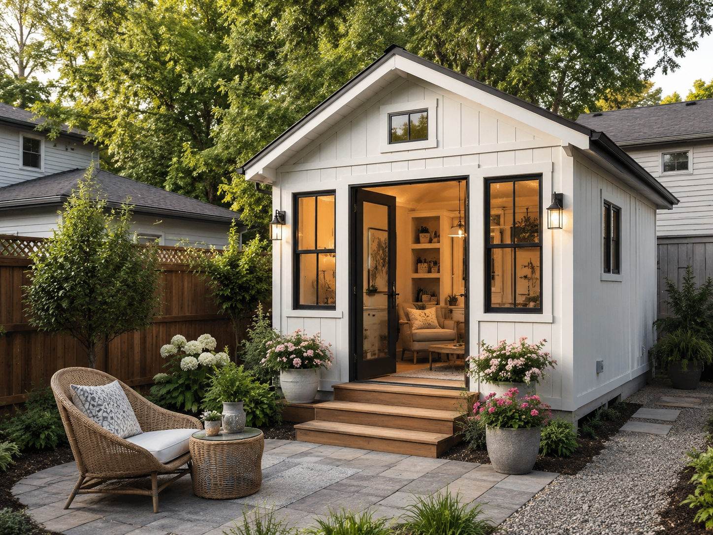 She shed with white board and batten siding, black windows, warm interior, and cottage garden at dusk
