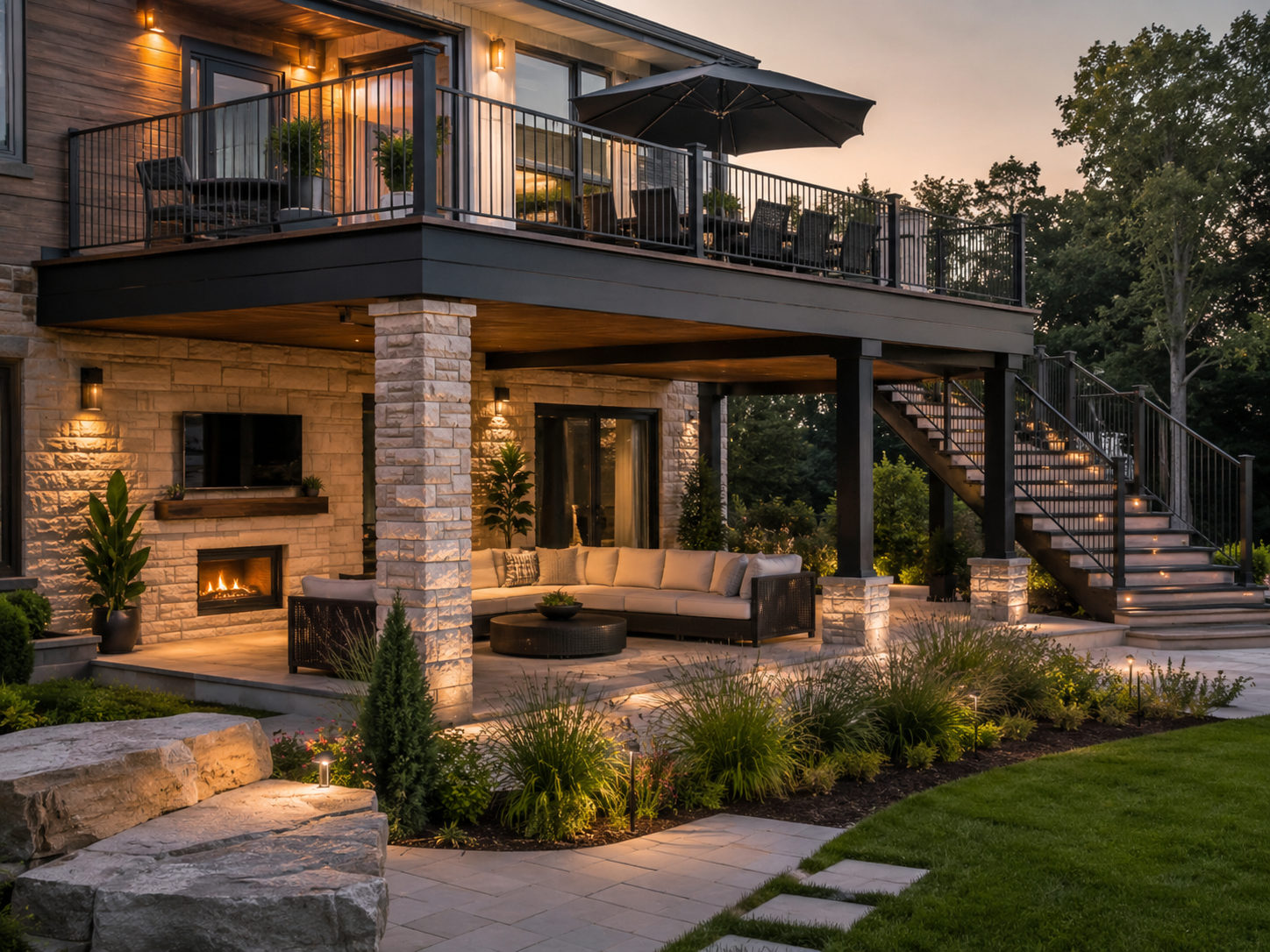 Under-deck outdoor living space with stone fireplace, TV, and upper deck with railing at dusk